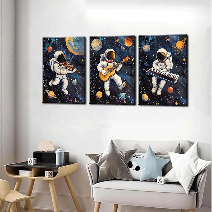 3Pcs Space Astronaut Music Canvas Wall Art Cute Astronaut Musician Decor Pictures Funny Piano Guitar Violin Posters Prints for Boys Room Girls Room Kids Room Nursery Decoration