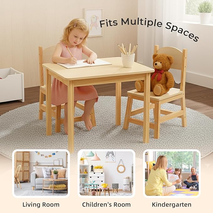 Wood Kids Table and Chairs Set, Waterproof Desktop, Easy to Clean, Smooth Edge, Ideal Toddler Table Chairs Set for Eating, Snack Time and Play Games