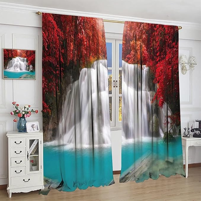 Red Forest Waterfall Blackout Windows Curtains, Tree Landscape Woodland Scenic Nature Fall Scenery Art Printed Curtains, for Living Room Bedroom 42x45in 2 Panels