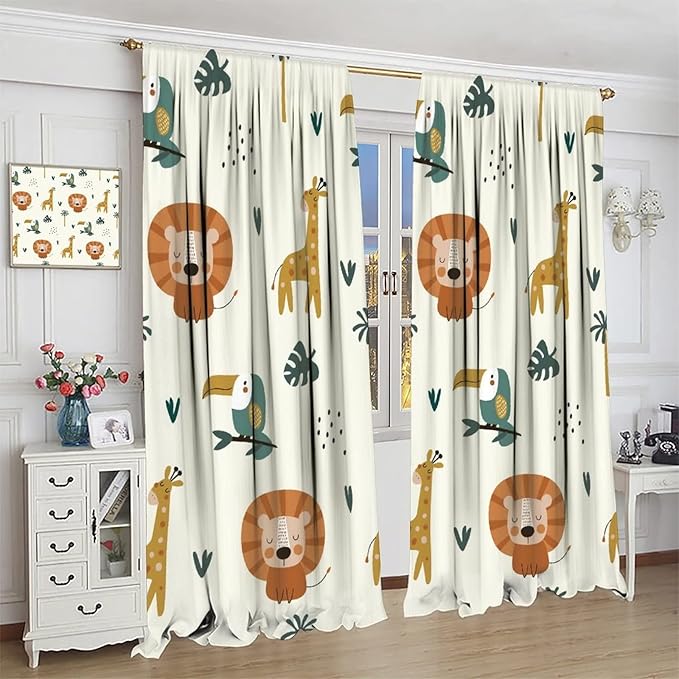 Cute Lion Window Curtains for Kids Bedroom,Cartoon Woodland Jungle Forest Wildlife Little Lion Giraffe Owl Palm Tree Printed Pattern Blackout Drapes for Living Room Baby Nursery Room 84x84in