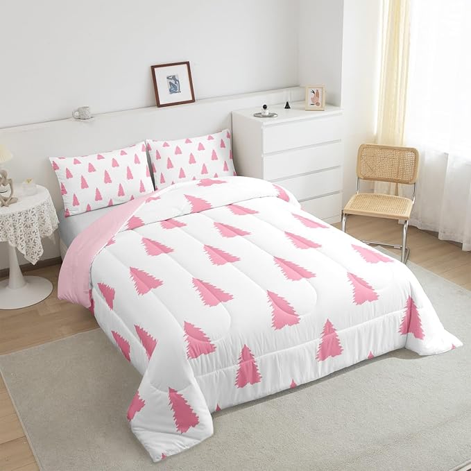 Feelyou Pink Christmas Trees Bedding Set for Kids Boys Girls Toddler Size Holiday Comforter Set Ultra Soft Winter Comforter Xmas Decor Duvet Quilt Bedroom Decor Christmas Ornaments Quilt