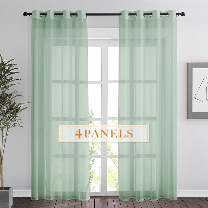 RYB HOME Voile Curtains for Living Room, Breathable Airy Lightweight Grommet Window Panels, Light Filtering Curtains for Living Room, Kids' Room, Sage Green, 54" W x 90" L, Set of 4 Panels