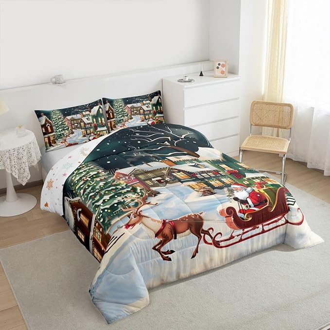 Feelyou Christmas Kids Comforter Set Toddler Size Santa Claus Bedding Set Reindeer Sled Duvet Quilt for Kids Boys Girls Bedroom Xmas Tree Decor Microfiber Ultra Soft Breathable