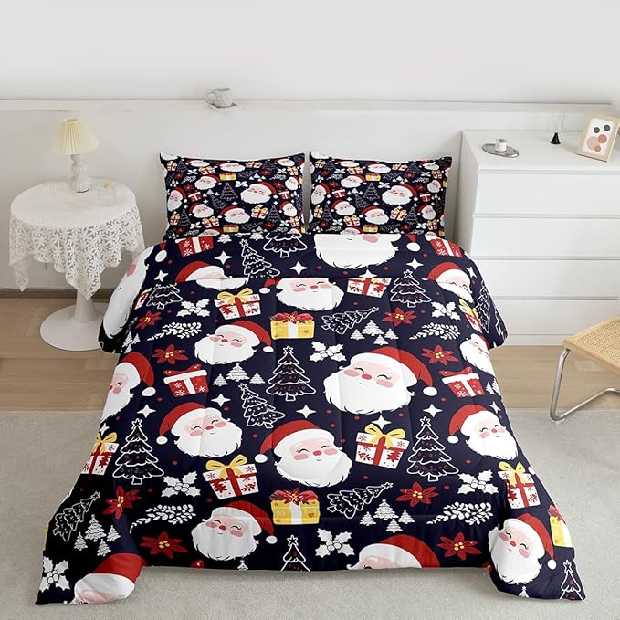 jejeloiu Santa Claus Comforter Set King Size Merry Christmas Bedding Set for Kids Boys Girls Xmas Themed Duvet Quilt Dark Blue Bedroom Decor