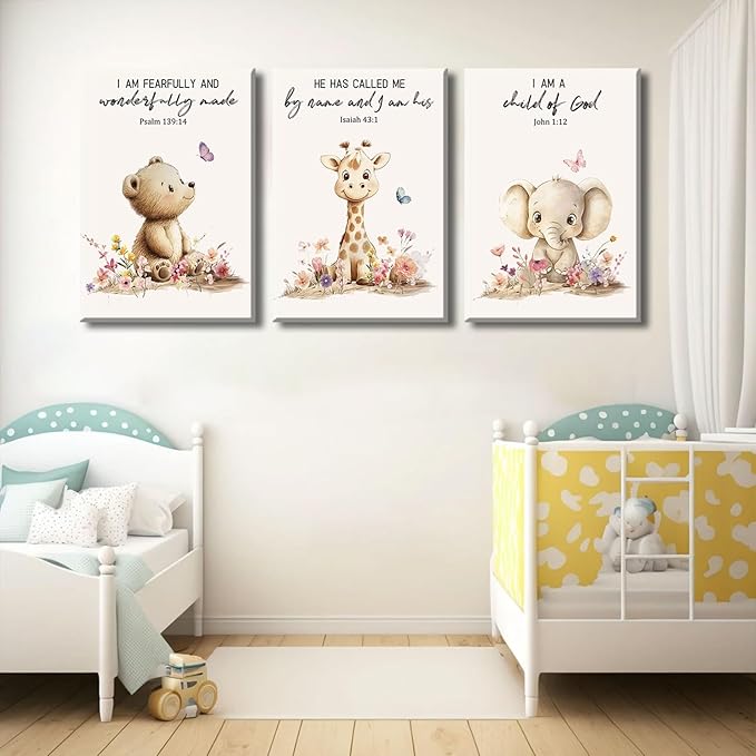 3Pcs Nursery Animal Bible Verse Canvas Wall Art Cute Bear Elephant Giraffe Wall Decor Pictures Christian Baby Nursery Posters Prints for Kids Boys Girls Room Home Decoration 12x16in