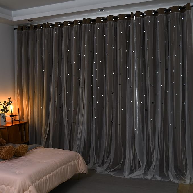 Kinryb Kids Blackout Curtains for Bedroom/Living Room/Classroom, Sheer Overlay 2 Free Tiebacks, Double Layer Curtains with Star Cutout for Kids Room(Each Piece W 70 x L 63 Inches 2 Pcs Coffe)
