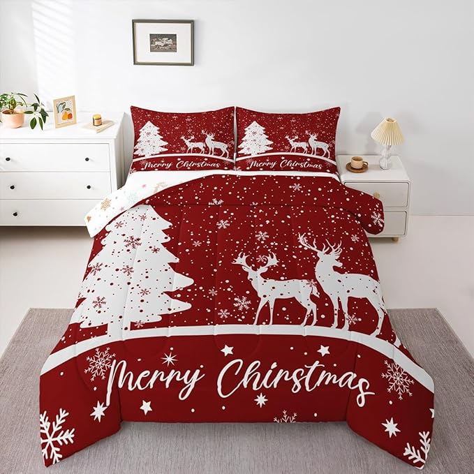 Merry Christmas Kids Comforter Set Queen Size,Deer Elk Pine Trees Bedding,Girls Boys Adults Bedroom/Xmas Cabin Decor,Snowflake Romantic Down Comforter,Rustic New Year Red Duvet Insert,2 Pillowcases