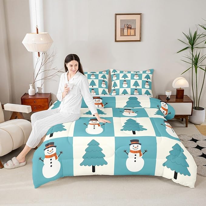 Feelyou Merry Christmas Comforter Set All Season Snowman Bedding Set with 1 Pillow Cases Xmas Tree Microfiber Kids Toddler Bedclothes Bedroom Decor Duvet Quilt Breathable Soft Lightweight