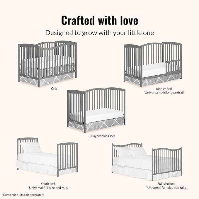 Dream On Me Chelsea 5-in-1 Convertible Full-Size Baby Crib in Steel Grey, GreenGuard Gold & JPMA, Pinewood, 4 Mattress Heights, Converts to Toddler, Day & Full-Size Bed, Modern Classic Nursery