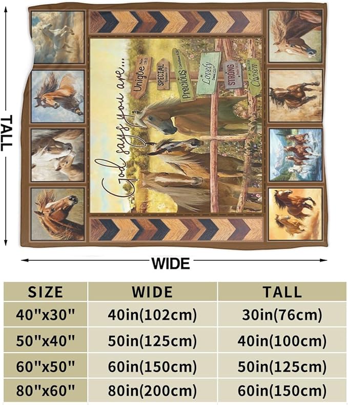 Horse Blanket Motivational God Say You are Throw Blankets Gifts for Girls Boys Cozy Warm Soft Fuzzy Flannel Throws Plush Stuffed Animal Western Horses Fleece Gifts for Men Women for Sofa Bed 50"x60"