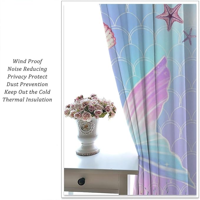 Fantasy Mermaid Curtain Colorful Rainbow Fish Tail Ocean Theme Beautiful Kids Window Treatment for Girls Bedroom Nursery Room Decor Rod Pocket Window Drapes 72x63in