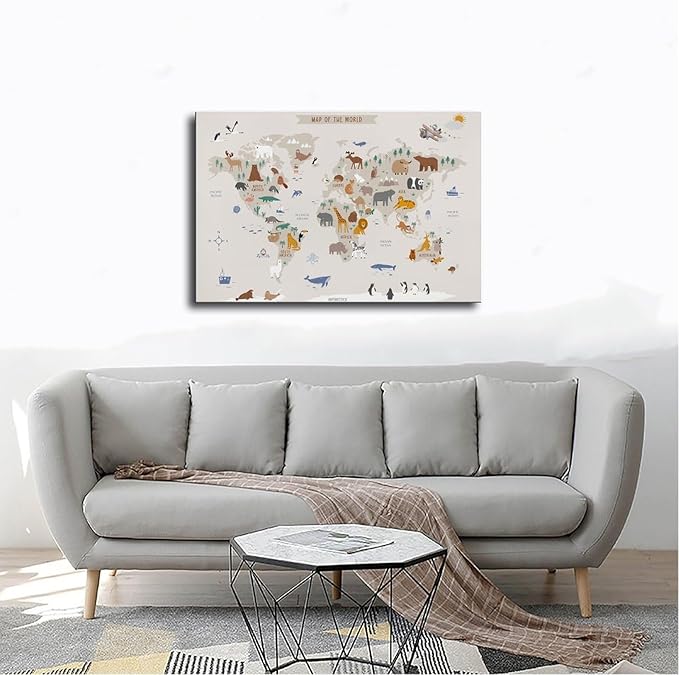KIPNG Kids World Map - Playroom Animal World Map - Nursery Educational Poster Canvas Poster Bedroom Sports Landscape Office Room Gift Unframe-style20x30inch(50x75cm)