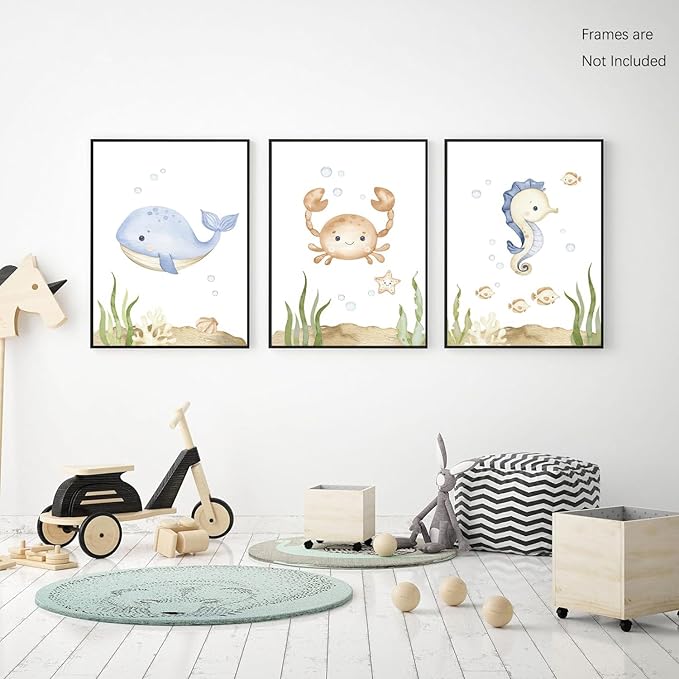 Wodkwq Nursery Wall Art Sea Animal Canvas Prints Baby Girl Boy Room Decor Watercolor Paintings Pictures Cute Ocean Theme Toddler Room Decoration Set of 3 for Kids Bedroom Bathroom 12x16in Unframed