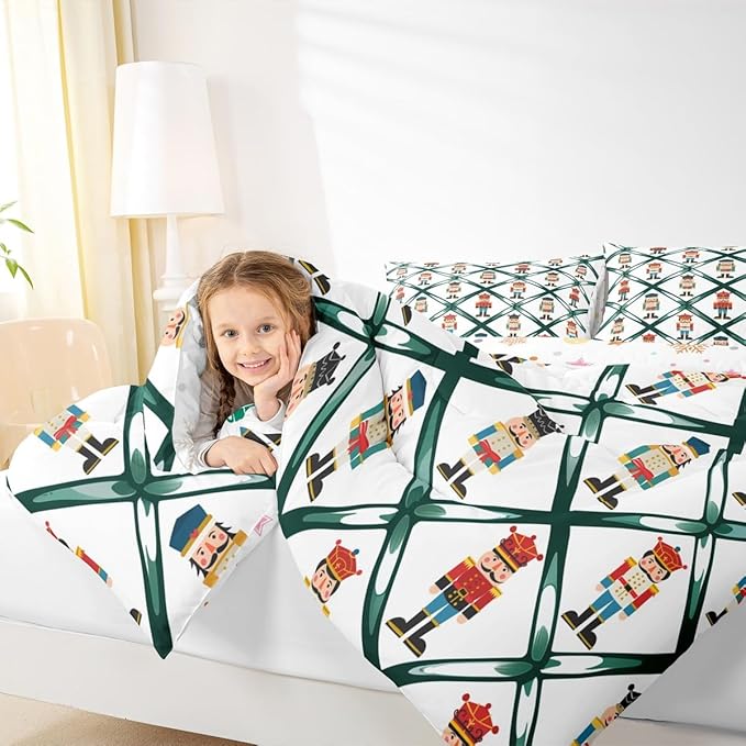 Feelyou Cute Nutcracker Bedding Set Soft for Boys Girls,Green Lattice Pattern Comforter Set Toddler Size Colorful Duvet Quilt Microfiber Funny Soldier Bedroom Decor Kawaii 2 Pcs with 1 Pillow Cases