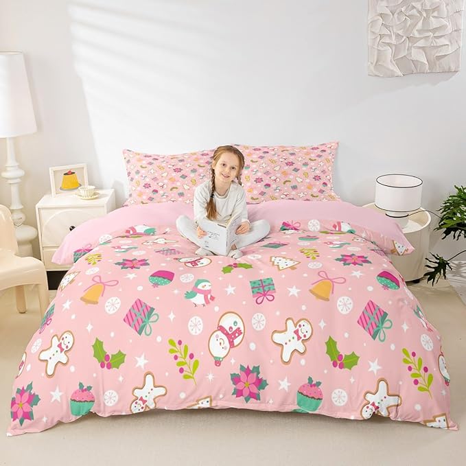 Christmas Kids Bedding Set Cartoon Christmas Tree Snowman Duvet Cover for Boys Children Teens Bedroom Decor Flower Birds Comforter Cover Set Pink New Year Bedspread Cover Toddler With 1 Pillow Case