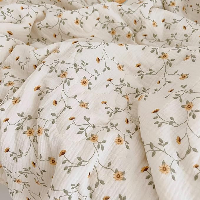 BuLuTu Cotton Muslin Toddler Comforter Shabby Chic Floral Design Twin Bed Blankets for Children Soft Lightweight Girls Boys Quilted Blanket, Wildflower Pattern, 60"x78"