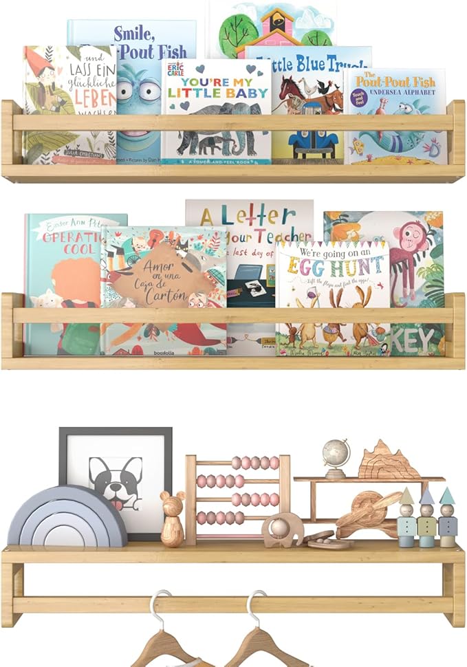 Floating Nursery Book Shelves for Wall, 23.6 Inch Nature Solid Wood Wall Mounted Bookshelf Set of 3, Hanging Bookshelves for Kids Room, Bedroom Nursery Decor and Book Storage (Wood-B)