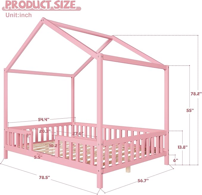 Montessori Floor Bed with Canopy, High Railings and Roof, Full Size Wood House Bed Frame for Kids Bedroom (Pink/C)