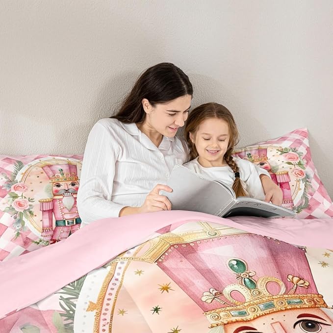 Feelyou Christmas Comforter Set All Season Pink Nutcrackers Bedding Set with 2 Pillow Cases Rose Kids Full Bedclothes Floral Bedroom Decor Funny Nutcracker Duvet Quilt Breathable Soft Lightweight