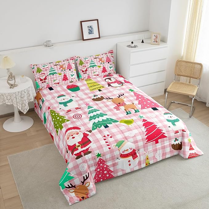Castle Fairy Merry Christmas Kids Comforter Set Twin Size,Cartoon Xmas Style Cute Animals Bedding Set for Kids Boys Men,Santa Claus Pine Trees Pink Checkered Quilted Duvet Set with 1 Pillowcase