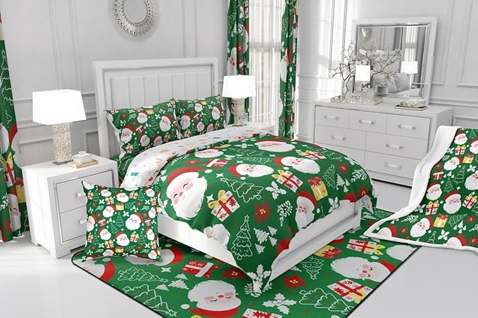 jejeloiu Santa Claus Comforter Set Toddler Size Merry Christmas Bedding Set for Kids Boys Girls Xmas Themed Duvet Quilt Green Bedroom Decor
