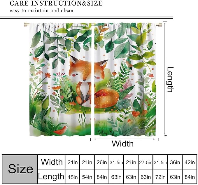 Kids Fox Blackout Curtain Cute Cartoon Fox Window Treatment for Girls Boys Bedroom Wildlife Woodland Animal Botanical Plant Window Drapes for Living Room Teens Nursery W55xL63