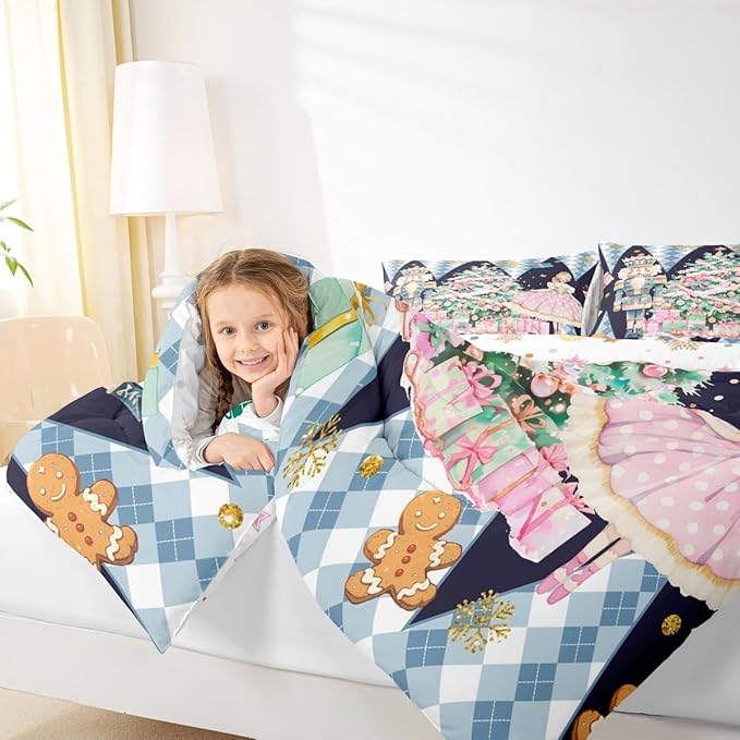 jejeloiu Christmas Nutcracker Comforter Set Queen Size Gingerbread Man Bedding Set for Kids Boys Girls Xmas Tree Duvet Quilt Dark Blue Bedroom Decor