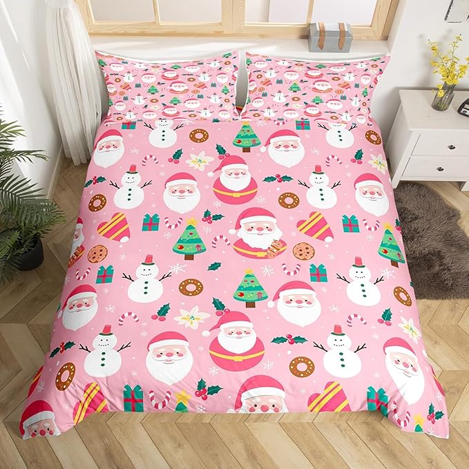 Feelyou Christmas Santa Comforter Cover Toddler Size Cute Snowman Duvet Cover Xmas Holiday Bedding Set Gifts for Kids Boys Girls,Christmas Tree Snowflake Candy Decor 1 Pillow Case Pink