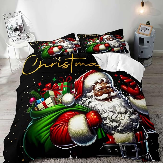 LUVIVIHOME 3PCS Black Santa Claus Duvet Cover King Bedding Set, Christmas Bedding, Holiday Xmas Gifts Black Comforter Quilt Cover, African American Christmas Decorations, Bed in a Bag, 2 Pillow Shams