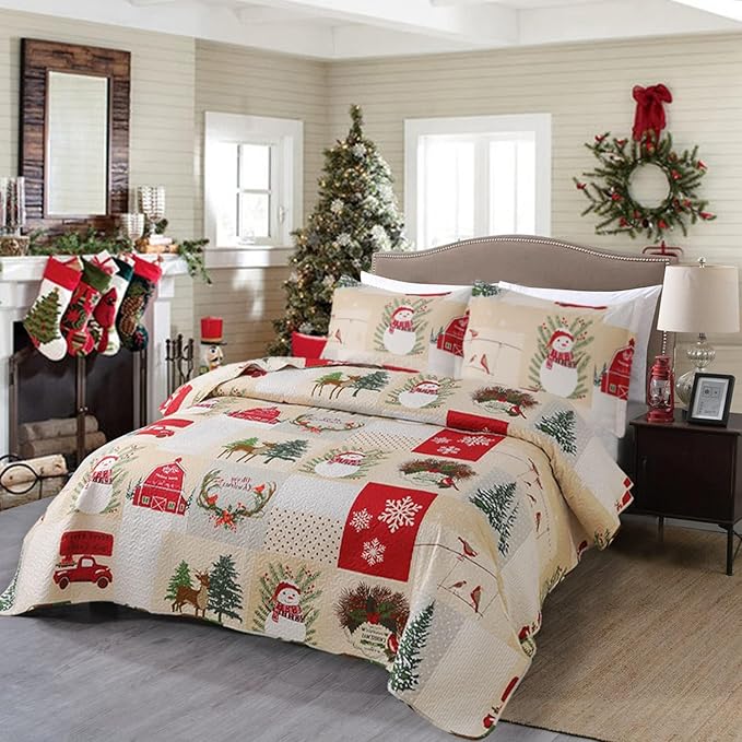 Christmas Quilt Set - Twin Size Plaid Patchwork Lightweight Quilt Set Bedding Reversible Xmas Home Decor Holiday Quilt Bedding Lodge Snowman Theme