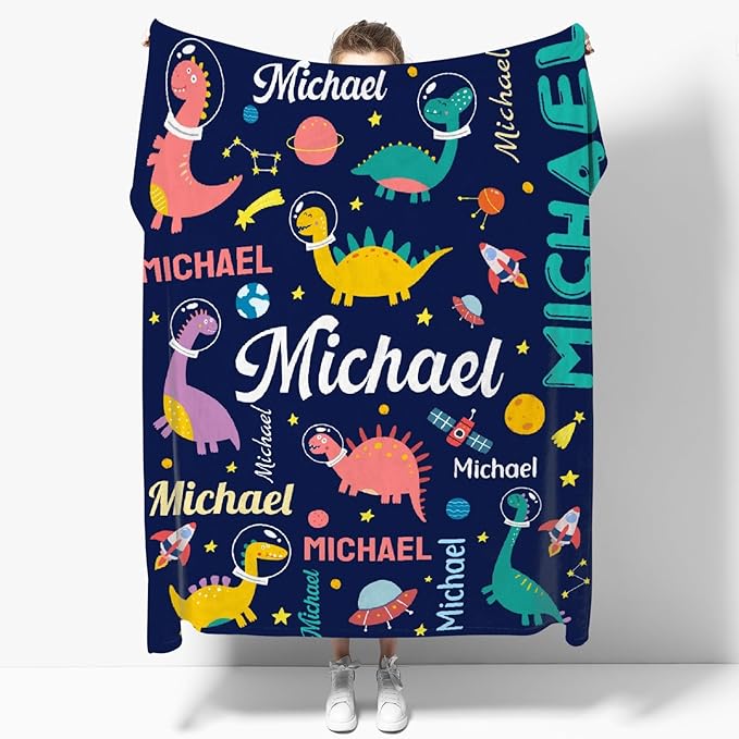 Dinosaur Lover Personalized Blanket with Custom Baby Dinosaur Custom Name Flannel Blanket Soft Throw Meaningful Gift for Toddlers Girls Boys Kids Pets 120 * 90" XL for Family