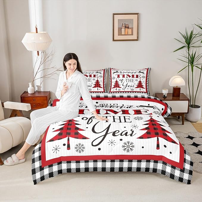 Merry Christmas Kids Comforter Set Queen Size,Snowflake Deer Pine Trees Romantic Bedding,Girls Boys Adults Bedroom/Xmas Cabin Decor,Grids Stylish Down Comforter,Rustic Duvet Insert,2 Pillowcases