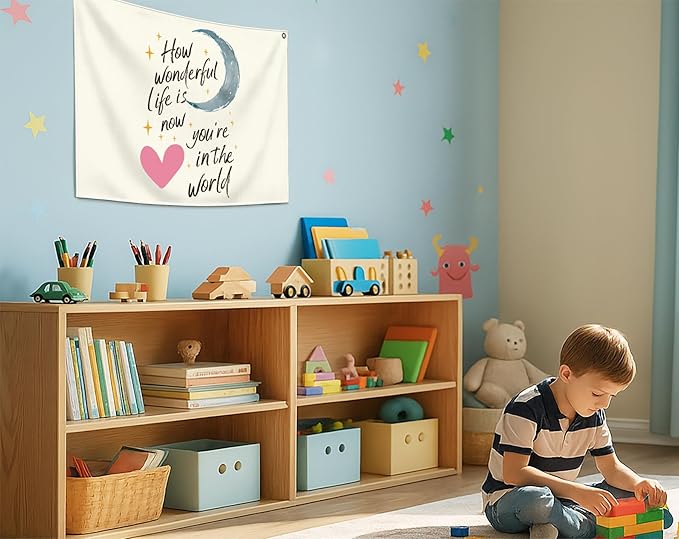 Rectangular Banner Flag Wall Decor Gift for Baby Boy Girl Kid,Nursery Above Crib Classroom Homeschool Playroom Living Room Decor-How Wonderful Life Is Now-Baby Present Shower,Birthday Christmas Gift