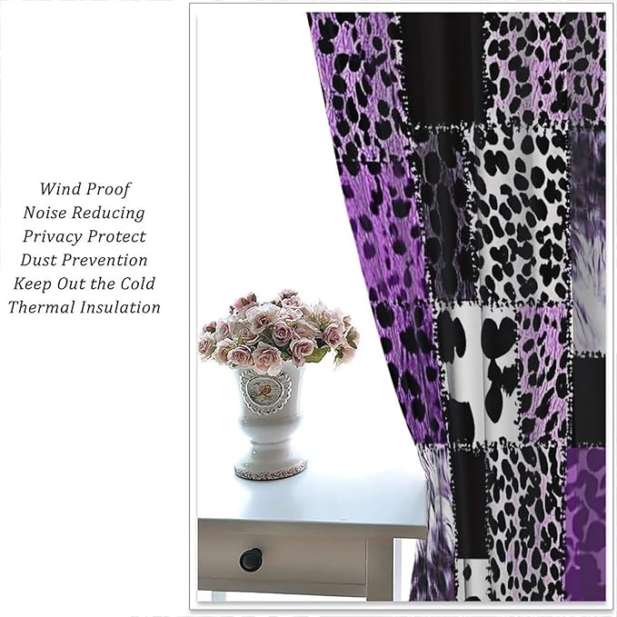 Brown Leopard Curtain, Purple Patchwork Cheetah Panthera Zebra Giraffe Print Safari Wildlife African Wild Animal Skin Window Curtains for Living Room Bedroom 72" W X 63" L