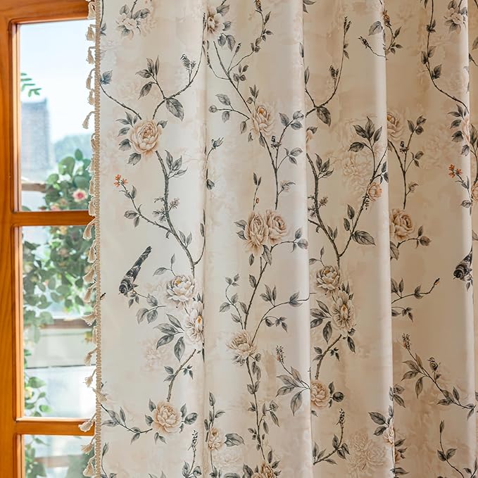 ENJOYBRIDAL Floral Curtains 63 Inches Long 2 Panels Set Farmhouse Rod Pocket Drapes for Bedroom Boho Cute Short Window Curtain Panels Rustic Living Room Semi Sheer Cottage Vintage Window Treatments