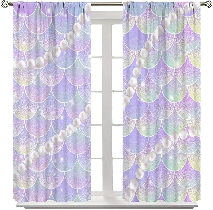 Mermaid Curtains, Gradient Color Pink Purple Pearl Ocean Theme Mermaid Fish Scale Print Decoration Suitable for Children Girls Bedroom Nursery Curtains 72x63 Inch