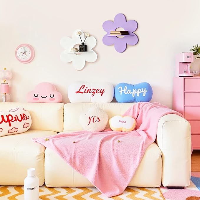 Cute Shelf Pink Floating Shelves, 2Pcs Flower Shaped Green Floating Shelves Display Daisy Decor for Bathroom Livingroom Bedroom Shelves (Purple White)