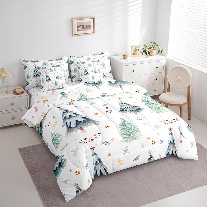 Feelyou Christmas Bed Set Xmas Tree Comforter Set with Sheets Snowflake Watercolor Blue Bed in a Bag for Kids Boys Girls Room Decor New Year Theme Bedding Set Bedroom Collection King Size