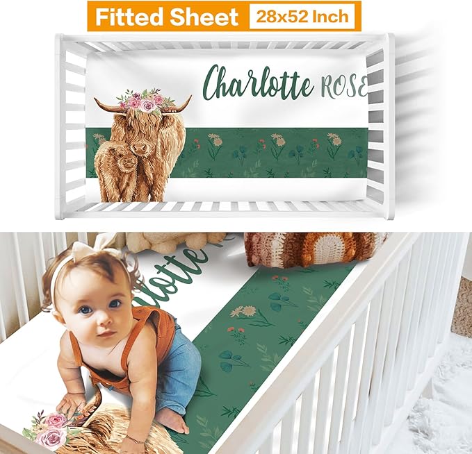 Custom Crib Bedding Set - Highland Cow Design Personalized Name Baby Nursery Bedding 3 Pcs Set - Chic Soft Blanket, Sheet, Pillowcase for Newborns Boys Girls Gifts Color23