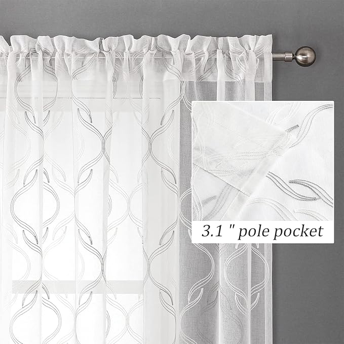 VISIONTEX Sheer Curtains 63 Inches Long 2 Panels Set, Grey and Ivory Moroccan Embroidery Texture Geometric Rod Pocket White Voile Tulle Semi Window Treatment Pair for Bedroom, W54 x L63