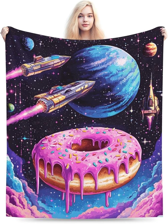 Donut Blanket Space Donut Decor Throw Blanket Super Soft Flannel Lightweight Fluffy Plush Cozy Fuzzy Fleece Food Blanket Gifts for Girl Boys Woman Man Kids Adults for Bed Sofa Couch 50"X60"