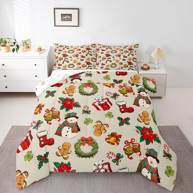 jejeloiu Merry Christmas Comforter Set Queen Size Cute Snowman Bedding Set for Kids Boys Girls Gingerbread Man Duvet Quilt Beige Bedroom Decor