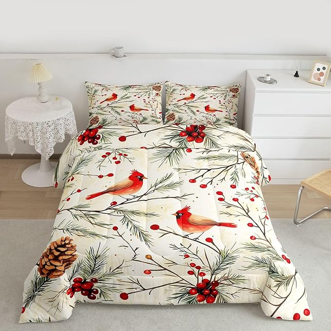 Feelyou Cardinal Bird Kids Comforter Set Twin Size Pine Branch Bedding Set Red Berry Duvet Quilt for Kids Boys Girls Bedroom Pine Cone Decor Winter Christmas Pattern Microfiber Ultra Soft Breathable