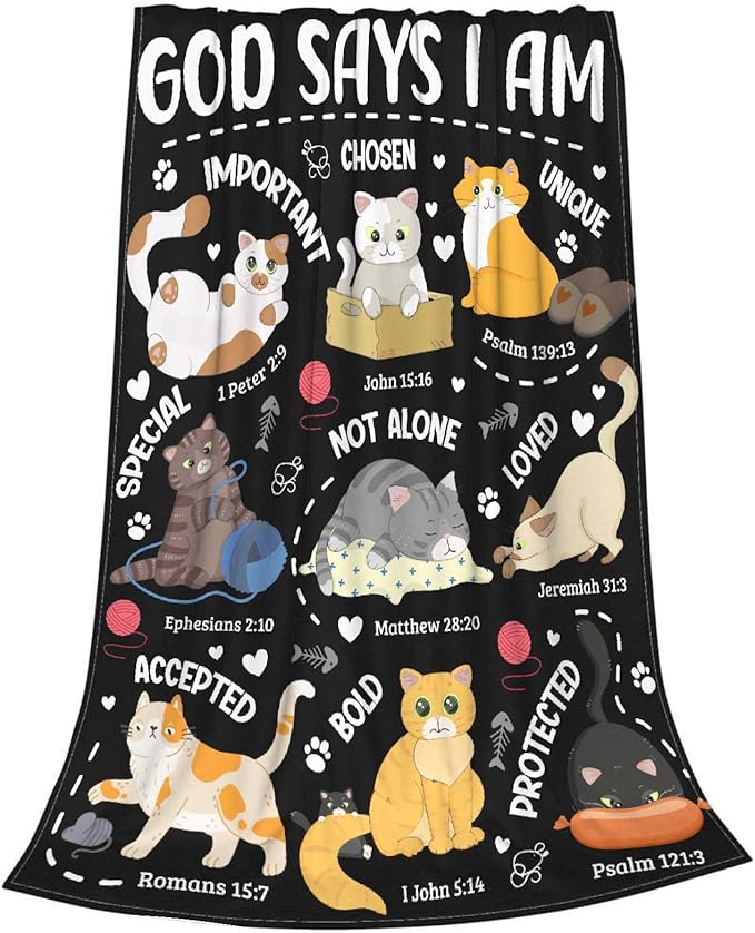 Cat Throw Blanket,Bible Verse Blanket, Christian Gifts, God Says I am Print Blankets, Meaningful Thoughtful Religious Gifts for Girls,Cat Lover Room Bed Decoration, 60"x80"