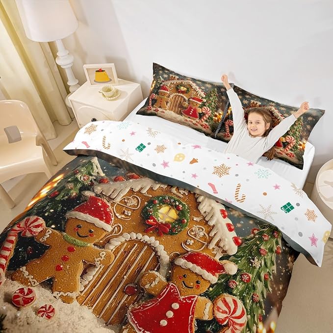 Feelyou Cute Gingerbread Man Duvet Cover King Size Cartoon Christmas Bedding Set for Boys Girls New Year Holiday Comforter Cover Reversible Xmas Decor Bedroom Decor 3Pcs