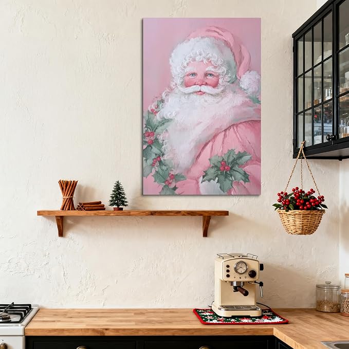 YONICA Christmas Canvas Wall Art Pink Santa 28x40 Inch Soft Pastel Holiday Art for Nursery - Large Framed Gallery Wrapped Kids Room Decor