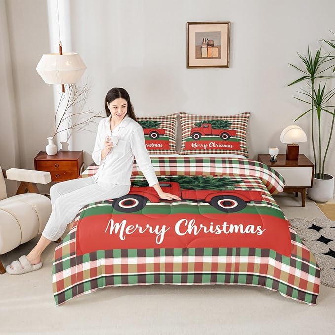 Feelyou Merry Christmas Kids Comforter Set King Size Christmas Tree Bedding Set Snowflake Duvet Quilt for Kids Boys Girls Bedroom Winter Decor Microfiber Ultra Soft Breathable