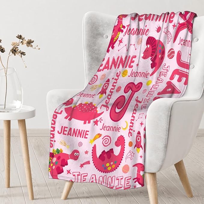 Dinosaur Lover Astronaut Personalized Blanket with Name Custom Pink Dinosaur with Name Flannel Blanket Soft Throw Meaningful Gift for Toddlers Girls Boys Kids Pets 120 * 90" XL for Family