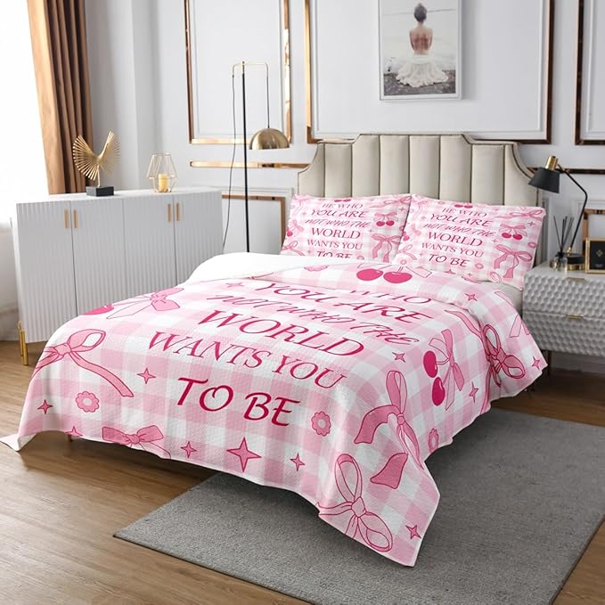 Manfei Pink Bowknot Kids Bedspread Queen Size,Cherry Star Daisy Flowers Princess Coverlet Set,Girls Women Room Decor,Bow Tie Geometric Plaids Quilted Coverlet,Cute Dreamy Bedding Quilt,2 Pillowcases