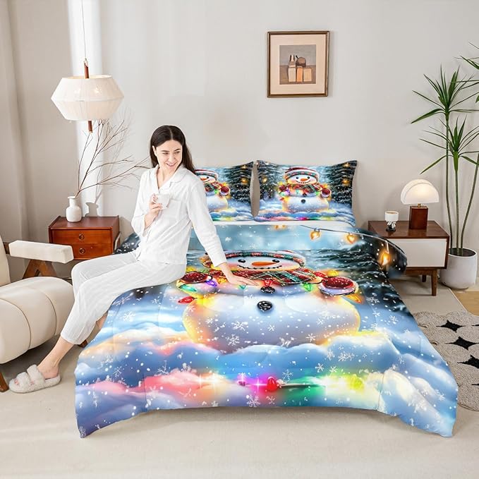 Lovely Snowman Kids Bedding Set Queen Size,Xmas Colorful Lanterns Snowflake Comforter Set,Winter Merry Christmas Quilt Comforter,Rainbow Bedroom Duvet Insert,2 Pillowcases